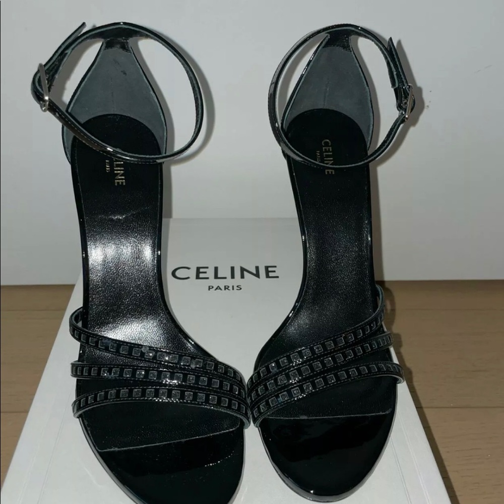 Celine Sharp Sandal in Patent Calfskin & Glitter, Women, Black